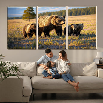 43400-MGV-CV-36X24-Bear Family Wall Art – Wildlife Canvas Print of Mother Bear with Cubs in Sunlit Meadow, Rustic Animal Artwork for Living Room,