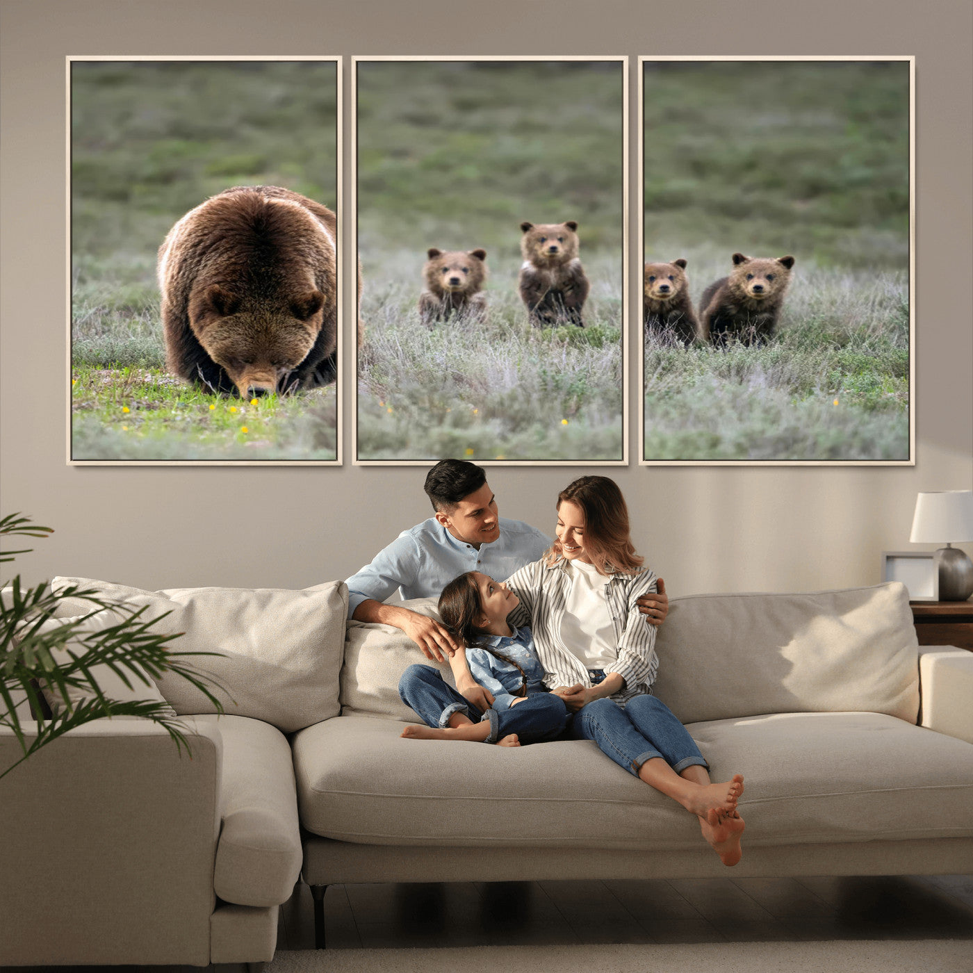 40555-MGV-CV-36X24-Bear Family Wall Art – Wildlife Canvas Print of Mother Bear with Four Cubs in Nature, Rustic Animal Artwork for Living Room,