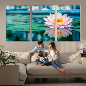 30320-MGV-CV-36X24-Pink Water Lily Wall Art – Lotus Flower Canvas Print with Reflection Water, Peaceful Botanical Artwork for Living Room, Bedroom,