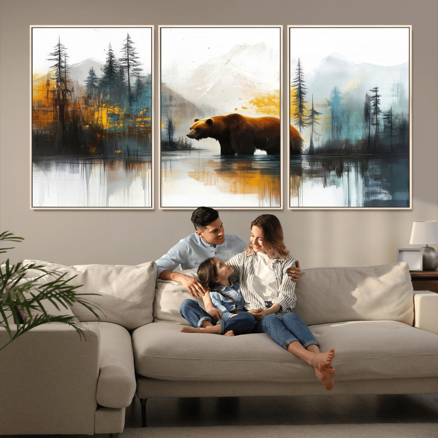 50308-MGV-FC-60X30-3P_Natural-Abstract Rustic Bear Wall Art – Forest and Mountain Scene Canvas Print, Nature Artwork for Modern Farmhouse or Log Cabin Decor