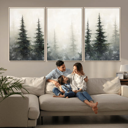 33241-MGV-CV-36X24-Misty Forest Wall Art Canvas Print, Framed Foggy Pines Art Picture Print, Forest Haze Perfect Rustic Minimalist Decor Artwork