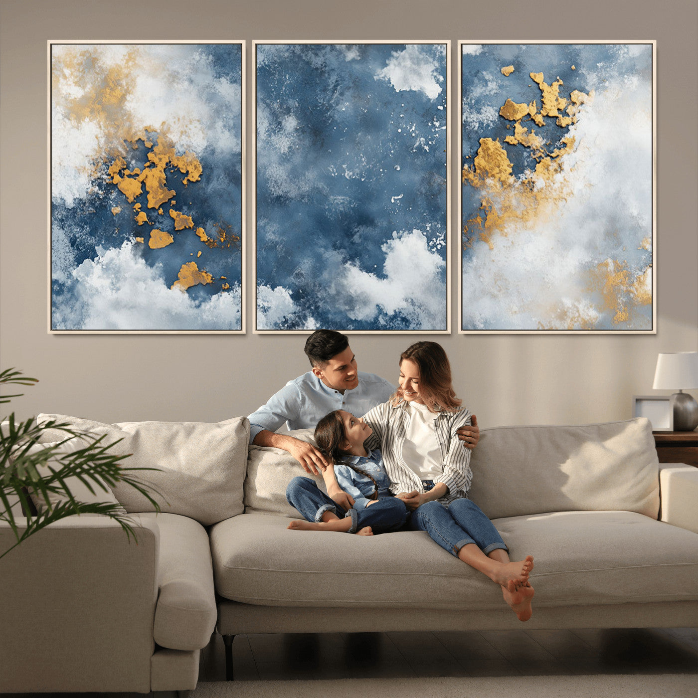 39575-MGV-CV-36X24-Blue and Gold Abstract Wall Art – Modern Canvas Print Featuring Cloudy Textures with Metallic Accents, Contemporary Artwork for