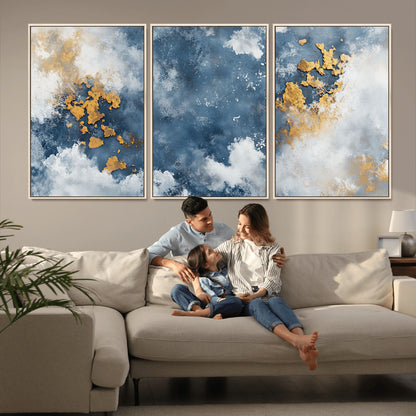 39575-MGV-CV-36X24-Blue and Gold Abstract Wall Art – Modern Canvas Print Featuring Cloudy Textures with Metallic Accents, Contemporary Artwork for