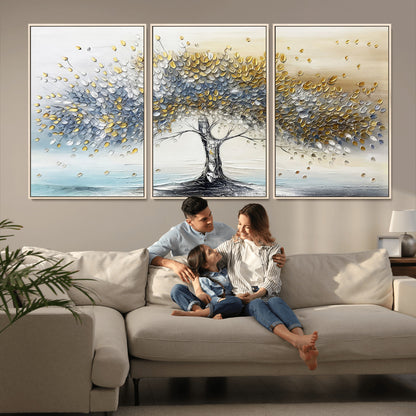 24771-MGV-CV-36X24-Silver Tree Wall Art Canvas Print, Framed Golden Leaves Art Picture Print, Metallic Tree Perfect Minimalist Luxury Decor Artwork