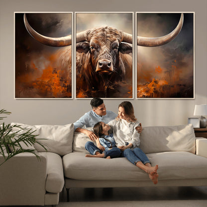 240479-MGV-CV-36X24-Longhorn Bull Wall Art – Dramatic Western Canvas Print Featuring Horned Bull with Fiery Background, Rustic Farmhouse Artwork for