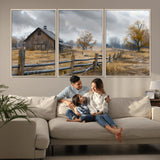 Farm1-MGV-FC-60X30-3P_Natural-Rustic Autumn Farmhouse Wall Art – Serene Countryside Scene Canvas Print, Weathered Barn and Autumn Trees Decor for Living Room,