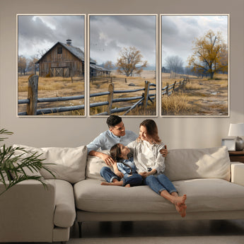 Farm1-MGV-FC-60X30-3P_Natural-Rustic Autumn Farmhouse Wall Art – Serene Countryside Scene Canvas Print, Weathered Barn and Autumn Trees Decor for Living Room,