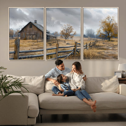 Farm1-MGV-FC-60X30-3P_Natural-Rustic Autumn Farmhouse Wall Art – Serene Countryside Scene Canvas Print, Weathered Barn and Autumn Trees Decor for Living Room,