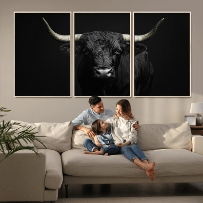97914921-MGV-CV-36X24-Black Bull Wall Art Canvas Print, Framed Longhorn Bull Art Picture Print, Western Bull Perfect Monochrome Western Decor Artwork