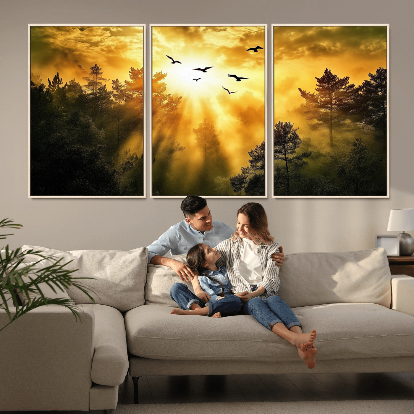 13776802-MGV-FC-60X30-3P_Natural-Golden Forest Wall Art Canvas Print, Framed Sunset Pines Art Picture Print, Flying Birds Perfect Nature Glow Decor Artwork