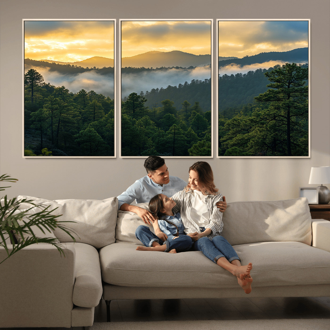 68082278-MGV-CV-36X24-Mountain Sunrise Wall Art Canvas Print, Framed Pine Forest Art Picture Print, Misty Mountains Perfect Earthy Woodland Decor