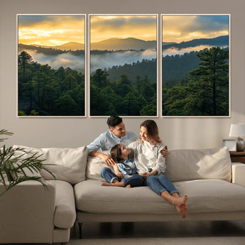 68082278-MGV-CV-36X24-Mountain Sunrise Wall Art Canvas Print, Framed Pine Forest Art Picture Print, Misty Mountains Perfect Earthy Woodland Decor