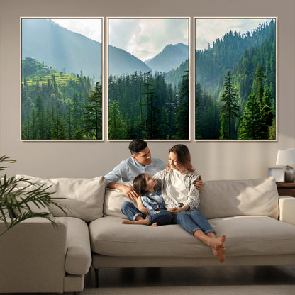 83417191-MGV-CV-36X24-Misty Mountain Forest Wall Art – Pine Tree Landscape Canvas Print, Nature Photography Panorama, Tranquil Green Forest Décor for