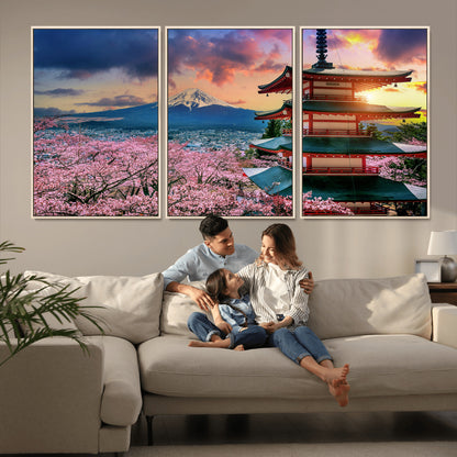 32331262-MGV-CV-36X24-Mount Fuji Japan Wall Art – Cherry Blossom Landscape Canvas Print, Chureito Pagoda Sunset Photography, Japanese Nature Travel