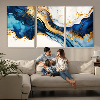 60283636-MGV-CV-36X24-Blue Gold Flow Wall Art Canvas Print, Framed Marble Texture Art Picture Print, Elegant Splash Perfect Elegant Abstract Decor