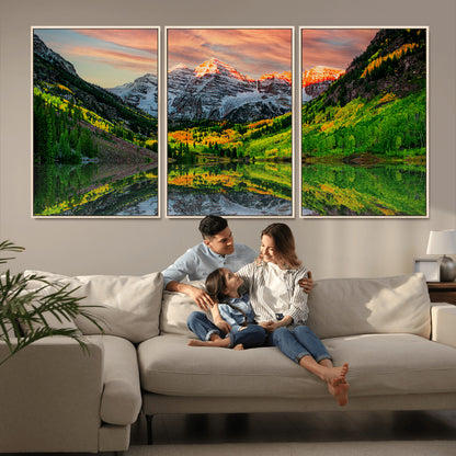 59533484-MGV-CV-36X24-Maroon Bells Autumn Wall Art – Panoramic Mountain Landscape Canvas Print, Sunset Reflection Nature Artwork for Living Room, Office