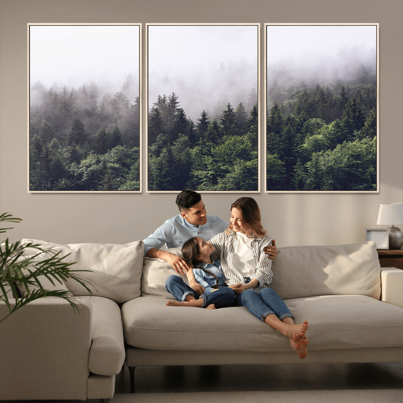 62890402-MGV-CV-36X24-Misty Forest Wall Art Canvas Print, Framed Foggy Pines Art Picture Print, Pine Valley Perfect Moody Woodland Decor Artwork