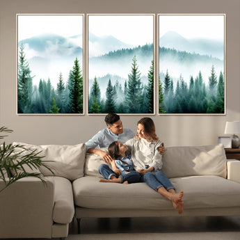 16716676-MGV-CV-36X24-Pine Forest Wall Art Canvas Print, Framed Misty Mountains Art Picture Print, Foggy Trees Perfect Moody Forest Decor Artwork