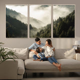 57570237-MGV-CV-36X24-Misty Valley Wall Art Canvas Print, Framed Foggy Forest Art Picture Print, Pine Trees Perfect Moody Woodland Decor Artwork