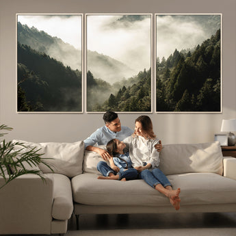 57570237-MGV-CV-36X24-Misty Valley Wall Art Canvas Print, Framed Foggy Forest Art Picture Print, Pine Trees Perfect Moody Woodland Decor Artwork