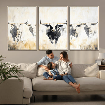 40397799-MGV-CV-36X24-Texas Longhorn Wall Art Canvas Print, Framed Rustic Herd Art Picture Print, Western Bull Perfect Neutral Western Decor Artwork