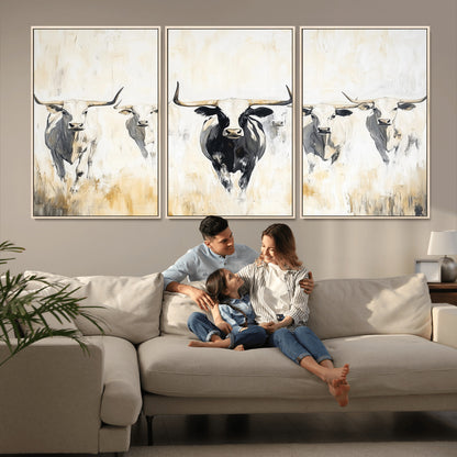 40397799-MGV-CV-36X24-Texas Longhorn Wall Art Canvas Print, Framed Rustic Herd Art Picture Print, Western Bull Perfect Neutral Western Decor Artwork