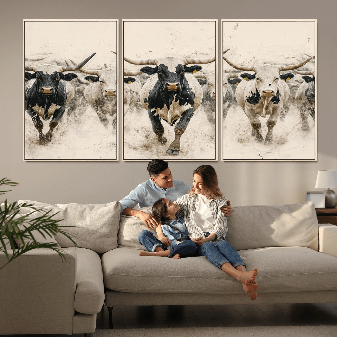 61538944-MGV-CV-36X24-Texas Longhorn Wall Art Canvas Print, Framed Cattles Walking Art Picture Print, Black White Bulls Perfect Rustic Western Decor
