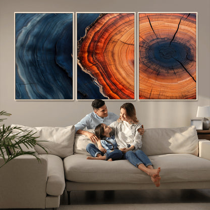 57732250-MGV-CV-36X24-Tree Ring Abstract Wall Art – Blue Orange Wood Grain Canvas Print, Modern Rustic Nature Artwork for Living Room, Office,