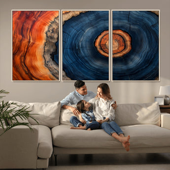 72209152-MGV-CV-36X24-Abstract Tree Ring Wall Art – Vibrant Blue Orange Wood Grain Canvas Print, Rustic Modern Nature Artwork for Living Room, Office,