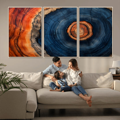 72209152-MGV-CV-36X24-Abstract Tree Ring Wall Art – Vibrant Blue Orange Wood Grain Canvas Print, Rustic Modern Nature Artwork for Living Room, Office,