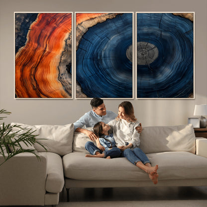 99491700-MGV-CV-36X24-Tree Ring Canvas Wall Art – Blue Orange Abstract Wood Grain Print, Rustic Modern Nature Artwork for Living Room, Office, Bedroom