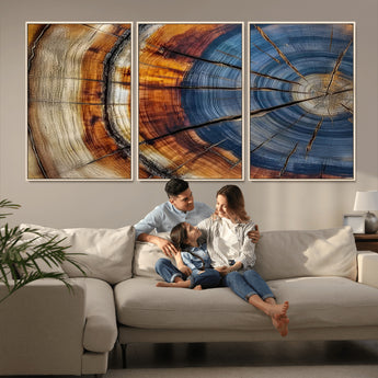 18032999-MGV-CV-36X24-Tree Ring Wall Art – Blue Brown Abstract Wood Slice Canvas Print, Rustic Modern Nature Decor for Living Room, Office, Bedroom or