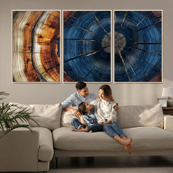 60099360-MGV-CV-36X24-Blue Tree Ring Wall Art – Rustic Wood Grain Canvas Print, Modern Abstract Artwork with Natural Texture for Living Room, Bedroom,