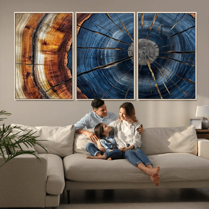 45268471-MGV-CV-36X24-Blue Tree Ring Wall Art – Rustic Wood Cross Section Canvas Print, Modern Abstract Nature Decor for Living Room, Office, or Cabin