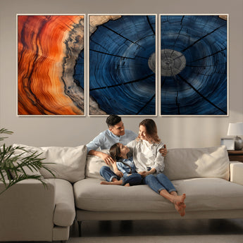 26110607-MGV-CV-36X24-Blue and Orange Tree Ring Wall Art – Abstract Wood Cross Section Canvas Print, Modern Rustic Nature Decor for Living Room, Office,
