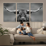 81228550-MGV-CV-36X24-Framed Texas Longhorn Bull Art Canvas Print, Western Bull Wall Art Print, Long Horn Bull Photo Print for Log Cabin, Large Bull