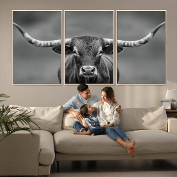 81228550-MGV-CV-36X24-Framed Texas Longhorn Bull Art Canvas Print, Western Bull Wall Art Print, Long Horn Bull Photo Print for Log Cabin, Large Bull