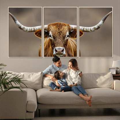 12179171-MGV-CV-36X24-Texas Longhorn Wall Art Canvas Print, Framed Brown Bull Art Picture Print, Lone Cattle Perfect Rustic Western Decor Artwork