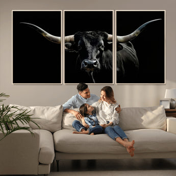 37531960-MGV-CV-36X24-Black Longhorn Bull Wall Art – Dramatic Western Cattle Canvas Print, Rustic Farmhouse Animal Artwork for Living Room, Bedroom,