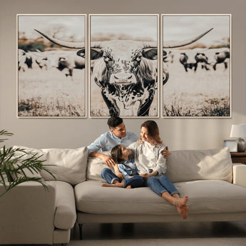 27497342-MGV-CV-36X24-Texas Longhorn Wall Art Canvas Print, Framed Speckled Cow Art Picture Print, Horned Cattle Perfect Rustic Western Decor Artwork