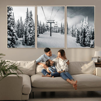 31156828-MGV-FC-60X30-3P_Natural-Snowy Pines Wall Art Canvas Print, Framed Ski Lift Art Picture Print, Winter Forest Perfect Moody Lodge Decor Artwork