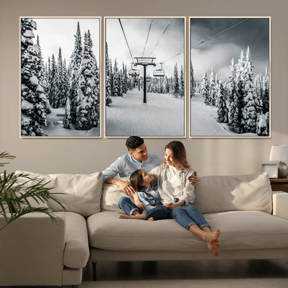 31156828-MGV-CV-36X24-Snowy Pines Wall Art Canvas Print, Framed Ski Lift Art Picture Print, Winter Forest Perfect Moody Lodge Decor Artwork