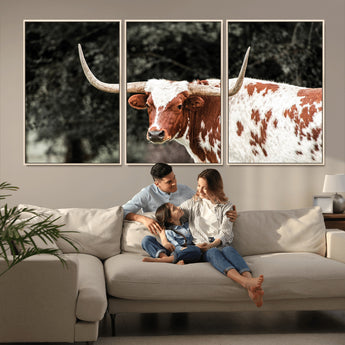 54027638-MGV-CV-36X24-Texas Longhorn Wall Art Canvas Print, Framed Spotted Cow Art Picture Print, Horned Bull Perfect Rustic Western Decor Artwork