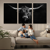 42077175-MGV-CV-36X24-Texas Longhorn Wall Art Canvas Print, Framed Monochrome Bull Art Picture Print, Horned Bull Perfect Rustic Western Decor Artwork