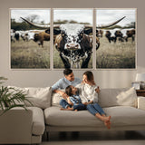 79025945-MGV-CV-36X24-Texas Longhorn Wall Art Canvas Print, Framed Speckled Cow Art Picture Print, Horned Cattle Perfect Rustic Western Decor Artwork