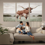 28309012-MGV-CV-36X24-Texas Longhorn Wall Art Canvas Print, Framed Spotted Cattle Art Picture Print, Horned Bull Perfect Rustic Western Decor Artwork