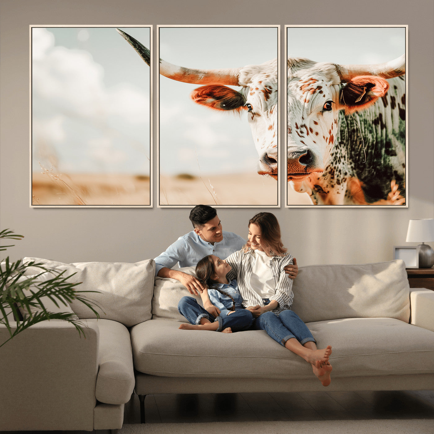 72766375-MGV-CV-36X24-Texas Longhorn Wall Art Canvas Print, Framed Spotted Cow Art Picture Print, Horned Cattle Perfect Rustic Western Decor Artwork