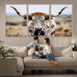 76294381-MGV-CV-36X24-Texas Longhorn Wall Art Canvas Print, Framed Spotted Cow Art Picture Print, Horned Cattle Perfect Rustic Western Decor Artwork