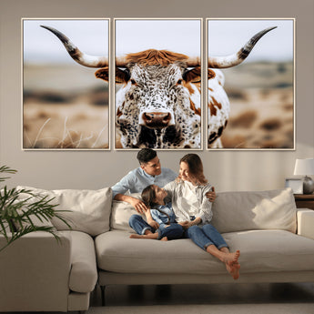 76294381-MGV-CV-36X24-Texas Longhorn Wall Art Canvas Print, Framed Spotted Cow Art Picture Print, Horned Cattle Perfect Rustic Western Decor Artwork