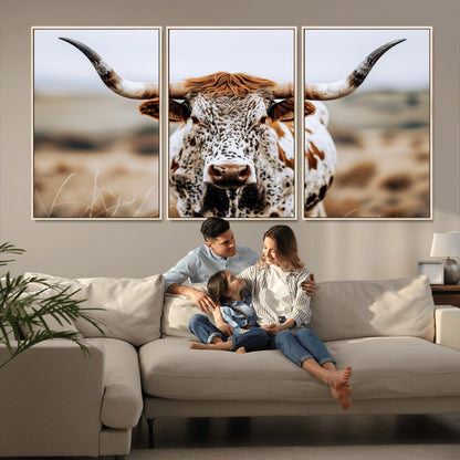 76294381-MGV-CV-36X24-Texas Longhorn Wall Art Canvas Print, Framed Spotted Cow Art Picture Print, Horned Cattle Perfect Rustic Western Decor Artwork